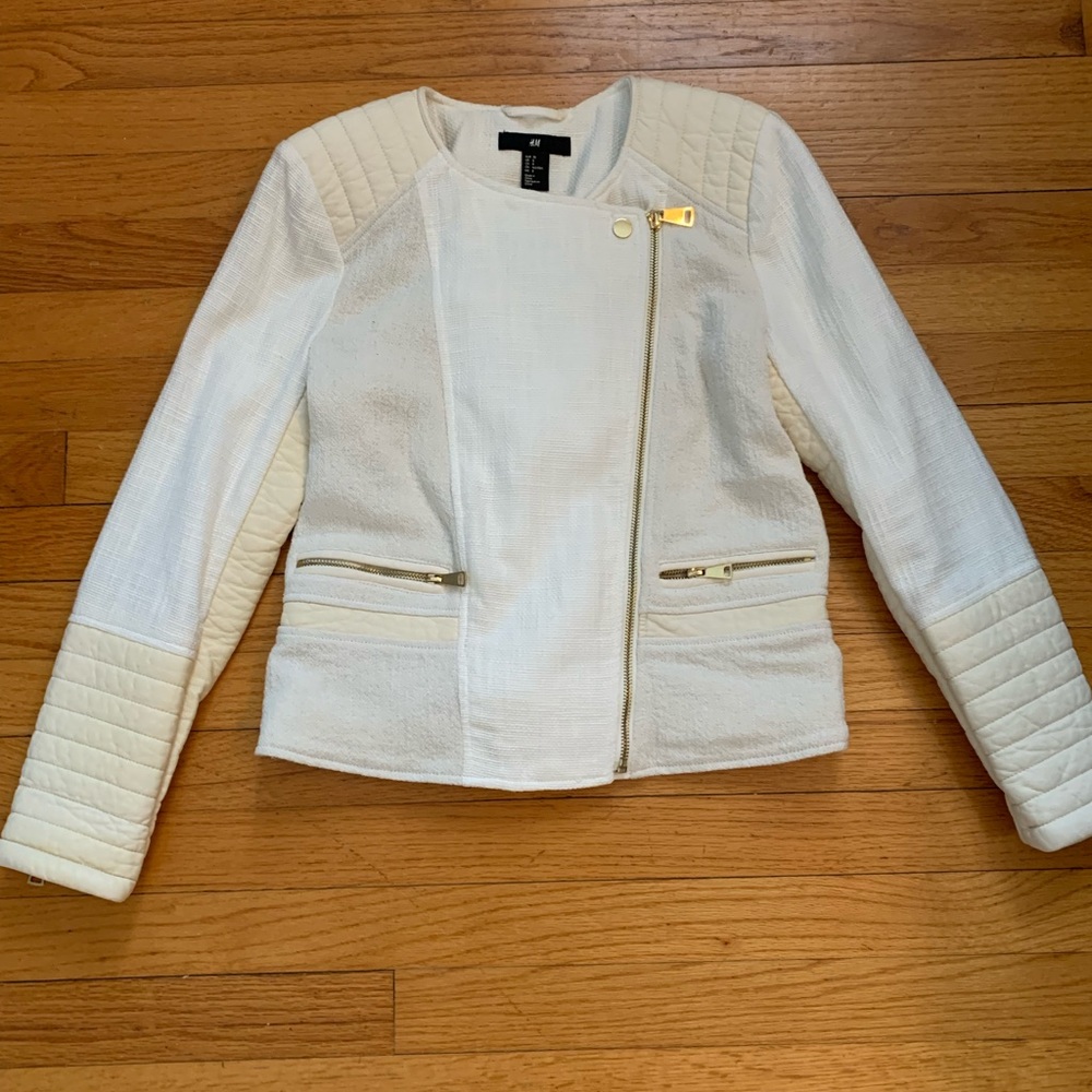 H&M Ivory Sz 8 Moto Jacket Asymmetrical Gold EUC
